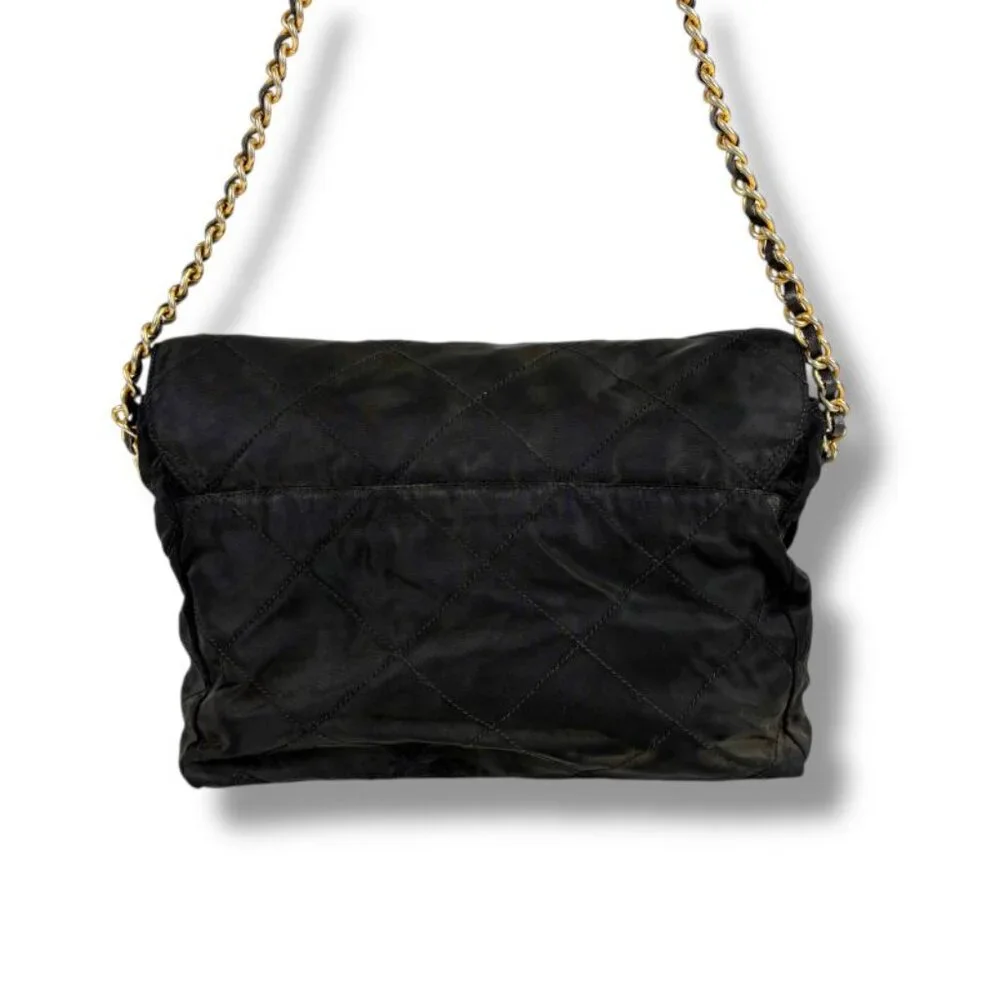 Prada Quilted Chain Shoulder Bag Triangle Logo Black Tessuto Nylon - Picture 2 of 10